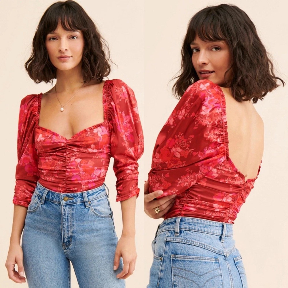 For Love & Lemons Monet Bodysuit Sz Small Red Pink Ruched Satin Regencycore